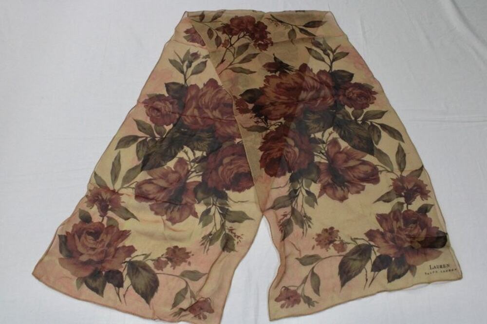 VTG Lauren Ralph Lauren 100% Silk Scarf Brown Roses Floral Oblong Scarf Classic